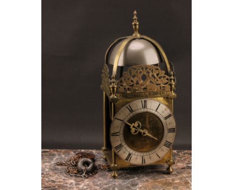 A 19th century brass lantern clock, 15.5cm silvered chapter rin with Roman numerals, the spandrel inscribed Richard Beck, Lon