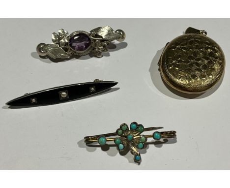 Three Sterling Silver Brooches and a 22ct gold plated Sterling Silver Locket Pendant; the brooches include; an Amethyst brooc