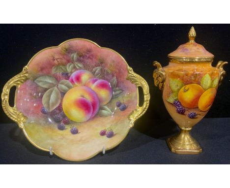 A Coalport porcelain twin-handled lidded vase, painted with Blackberries and Apples, signed M Harnett, printed marks, 20cm hi