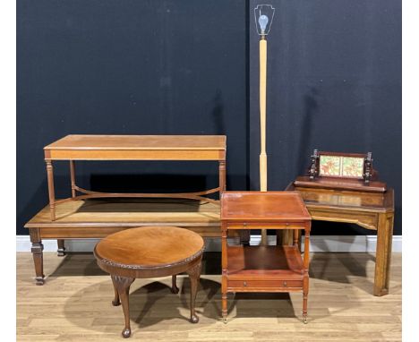 A 19th century style coffee table; another; occasional tables; lamp table; floor lamp; Aesthetic Movement style wall shelf (7