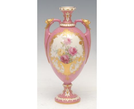 A Royal Worcester two-handled ovoid pedestal vase, painted by Sedgley, signed, with a gilt basket of pink and yellow roses, w