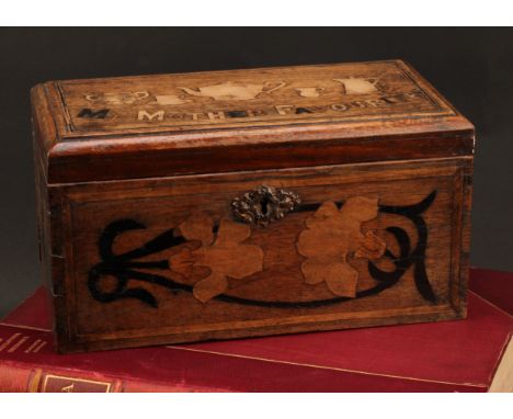 A 19th century vernacular oak and marquetry rectangular tea caddy, inlaid in the folk art manner with a tea service and inscr