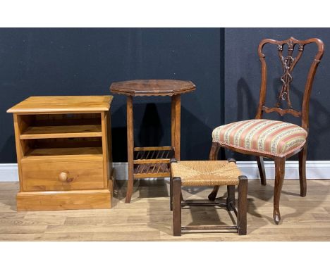 An Edwardian mahogany side chair; an early 20th century octagonal occasional table; an oak and twisted rush stool; a pine lam