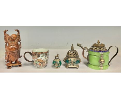 A blue enamel topped Chinese dragon teapot, in jade green resin, 10cm high; another, an 18th century Famille Rose cup, with w