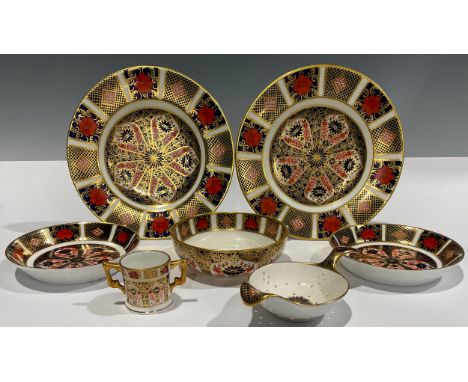 Royal Crown Derby  - 1128 Old Imari pair of 15,8cm diameter side plates, 10.8cm diameter trinket dish and strainer spoon all 