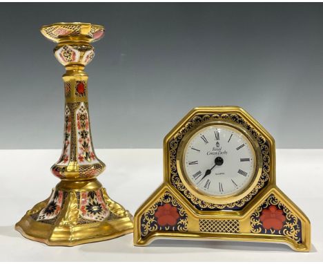 Royal Crown Derby  - an 1128 Old Imari candlestick, seconds,  17cm high, printed marks; similar mantel clock, 10.5cm high, se