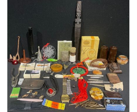 Boxes and Objects- propelling pencils, mauchline ware circular box, cigarette case, matchbox holder, pen nibs, Doulton stonew