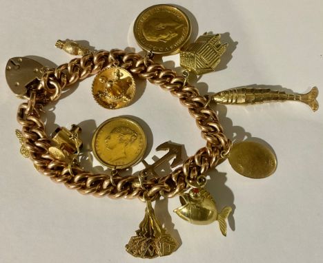 9ct Rose Gold Curb Link Charm Bracelet with Eleven CharmsThe charms include; a 9ct Gold Mounted 1913 Full Sovereign, a 9ct Go