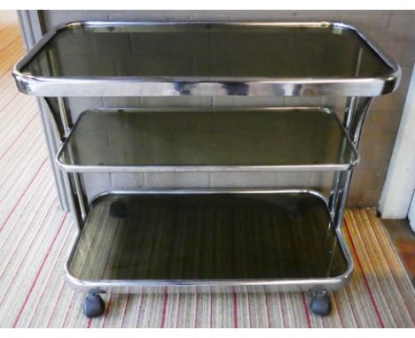 DRINKS TROLLEY, vintage 20th century polished metal and smoked glass, 84cm x 44cm x 69cm. 