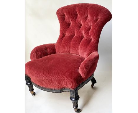 ARMCHAIR, Victorian, ebonised, ebony and gilt decorated, with burgundy velvet cord upholstery and button back, 66cm W. 