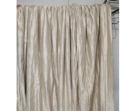 CURTAINS, two, champagne coloured silk, lined and interlined, one  approx 140cm W gathered , the other approx 190cm W gathere