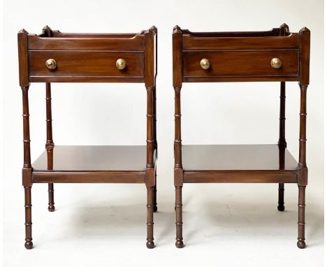 LAMP TABLES, a pair, George III design mahogany, each galleried with frieze drawer and under tier, 41cm x 41cm x 68cm H. (2) 