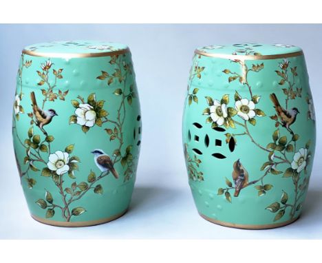 CHINESE SEATS, a pair, celadon ceramic pierced barrel form with bird and blossom decoration, 46cm H. (2) 