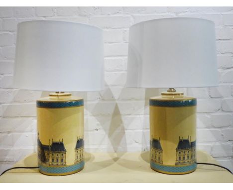 TABLE LAMPS, a pair, with shades, Louvre print detail, 64cm H. (2) 