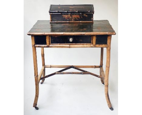 WRITING TABLE, 19th century Japanese bamboo and black lacquer panelled with rising lid stationery cabinet and frieze drawer, 