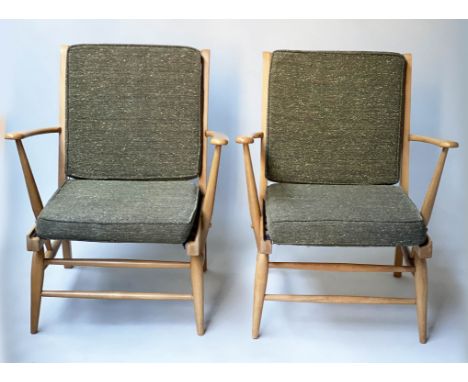 ERCOL ARMCHAIRS, a pair, 70's stick back with slubbed and flecked earth green cotton cushions, stamped 'ERCOL', 67cm W. (2) 