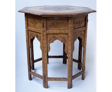 LAMP TABLE, early 19th century, Moorish octagonal hardwood, brass, ebony and mother of pearl inlaid, 66cm H x 61cm W. 