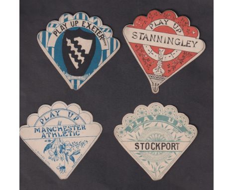 Trade cards, Baines, Rugby, 4 fan shaped button hole cards, Play Up Stockport, Play Up Stanningley, Play Up Exeter & Play Up 