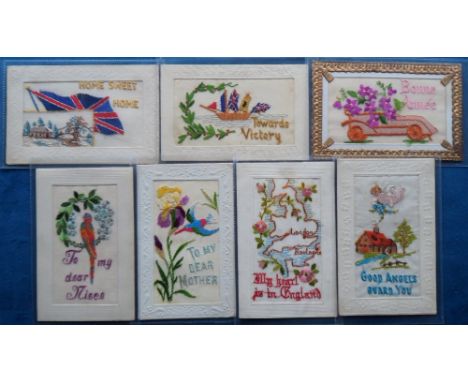 Postcards, Silks, a selection of 7 embroidered silk greetings and patriotic cards featuring kingfisher, parrot, decorated mot