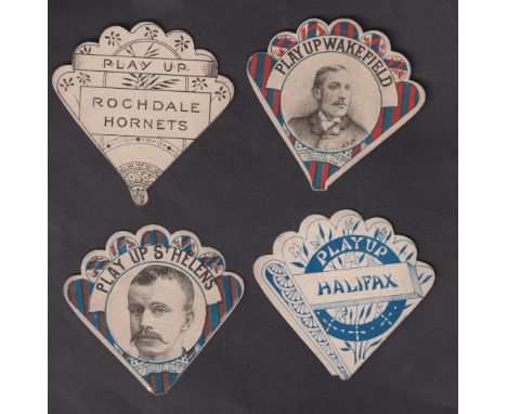 Trade cards, Baines, Rugby, 4 fan shaped button hole cards, Play Up Wakefield (Bartram inset), Play Up Rochdale Hornets, Play