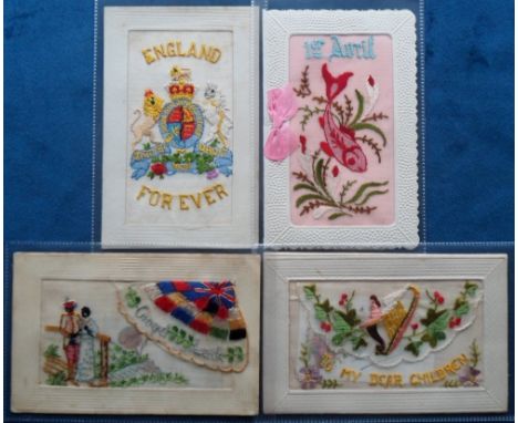 Postcards, Silks, a mix of 4 embroidered silks inc. black couple standing on bridge with fan of flags and captioned 'Good Luc