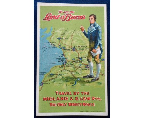 Postcards, Rail, a poster advert for 'To see the land of Burns' travel by the Midland and G&SW Railways, 'The only direct rou