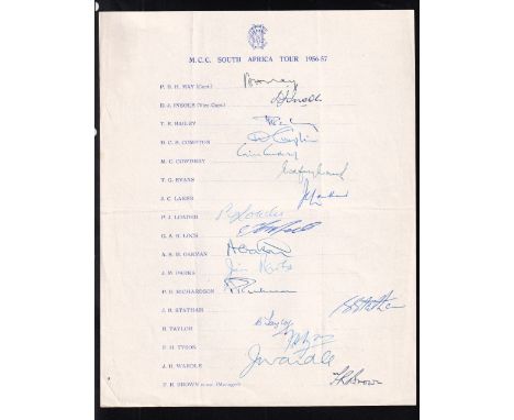 Cricket, MCC, two, official, MCC printed tour sheets, one for South Africa 1956-57 fully signed with 17 original ink signatur