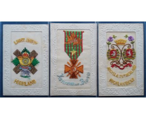 Postcards, Silks, 3 military embroidered silks inc. Croix de Guerre 'Honneur aux Braves' (1914-1915) Legion d'Honneur, Highla