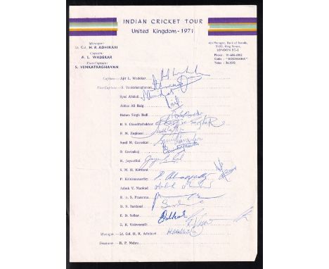 Cricket, India Touring Side, 1971, official Indian printed tour sheet for UK 1971 complete with 18 original ink signatures in