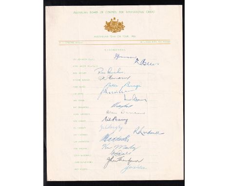 Cricket, Australian Touring Side, 1956, official Australian Board of Control printed tour sheet for England 1956 complete wit