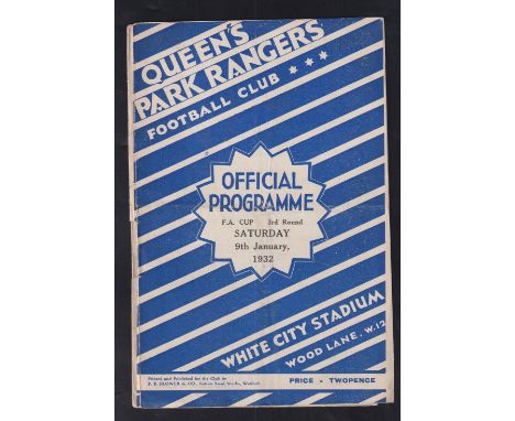 Football programme, QPR v Leeds United, 9 January, 1932, FA Cup (sl, cr, pencil tc, gd) (1)