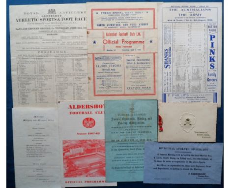 Ephemera, Sport, a selection of 8 sporting items, inc. 2 football programmes, Aldershot v Luton Div IV (4.11.67) and Aldersho