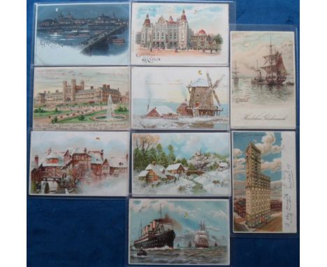 Postcards, HTL, a good hold to light selection of 9 cards inc. 1904 World Fair St Louis, New York, Gruss Aus at Koln and Main
