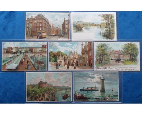 Postcards, HTL, 7 hold to light transparencies (chromos) of Gruss Aus Pleon, lighthouse and River Mersey, Brighton Pavilion, 