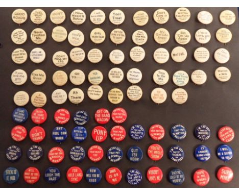 Celluloid Buttons, USA, ATC, Comic Sayings, 'K' size, 92 different circular buttons, various designs (gen. gd)