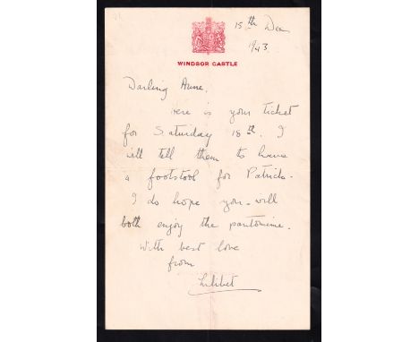 Royalty, Lilibet (Princess Elizabeth, Queen Elizabeth II, 1926-2022). A handwritten blue ink letter dated 15th December 1943,