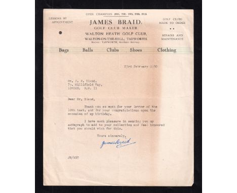 Golf, James Braid (1870-1950), British Open Champion 1901, 1905, 1906, 1908 & 1910, a typed letter on Walton Heath Golf Club 