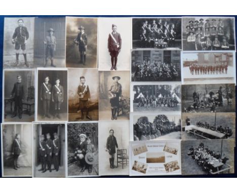 Postcards, Scouts, an RP Scout selection of 37 cards, inc. Boy Scouts in uniform some with a bugle or staff. Scout groups, Sc