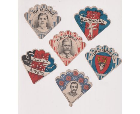 Trade cards, Baines, Rugby, 6 fan shaped button hole cards, Play Up Halifax (Buckley inset), Play Up Normanton, Play Up Armle