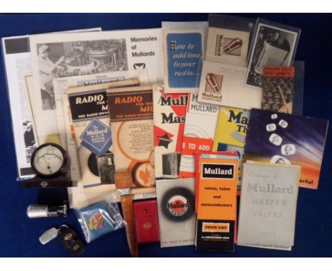 Ephemera, Mullard Radio, a collection of items dating from the 1930s to the 60s to include 2 advertising postcards, desk ther