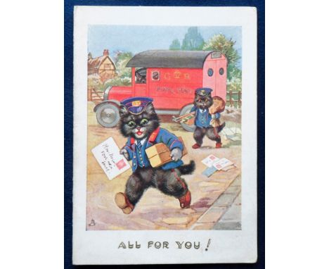 Ephemera, Louis Wain, a Christmas greetings card featuring 2 cats dressed as Postmen with a GR Royal Mail van. Strongly belie