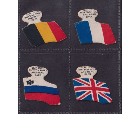 Cigarette cards, Ray & Co, Flags of the Allies (shaped), 'K' size, 4 cards, Belgium, France, Serbia & Union Jack (gen gd)