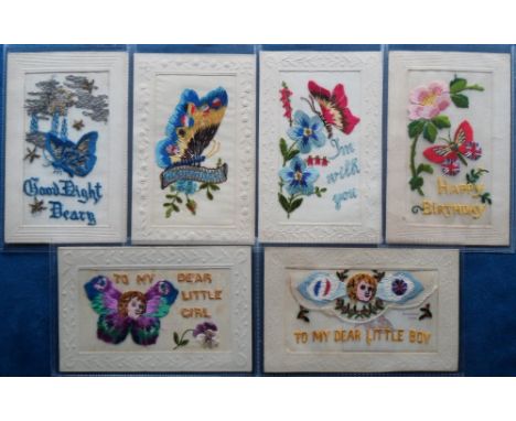 Postcards, Silks, 6 embroidered silk greetings cards all featuring butterflies, inc. 2 cards with human face in centre of but
