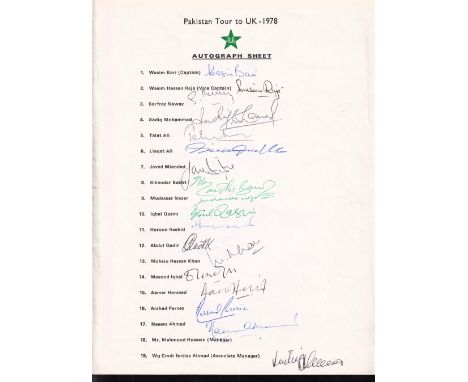 Cricket, Pakistan, two official autograph sheets for the Pakistan Cricket Touring Team to England, 1978 (19 signatures) & 197