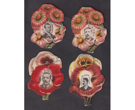 Trade cards, W.N. Sharpe, Rugby, 4 flower shaped button hole cards, Coppull Reform (T. Darbyshire inset), Play Up Birstall (x