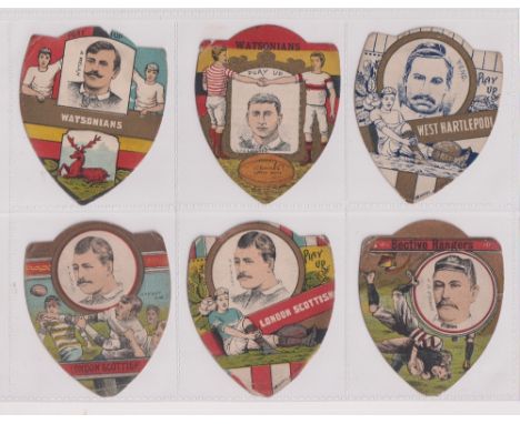 Trade cards, Baines, Rugby, 6 shaped cards, Play Up Watsonians (2 different, R. Welsh & H.T.O. Leggott inset), Play Up West H