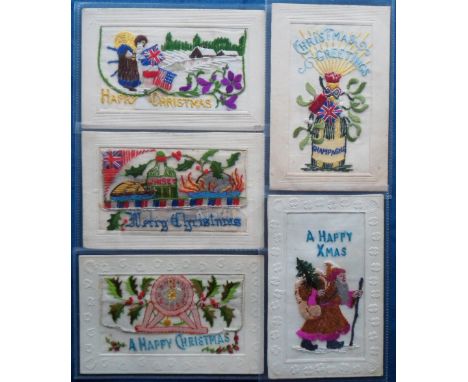 Postcards, Silks, 5 better design Xmas related embroidered silk cards, inc. Santa in brown and blue robes carrying sack and 3