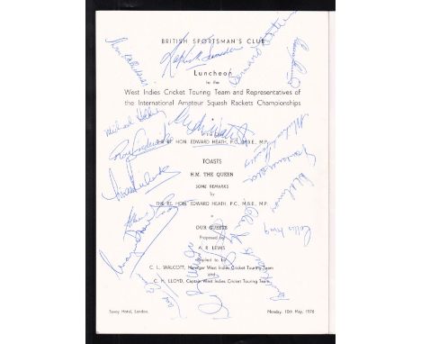 Cricket, West Indies Touring Team, 1976, a British Sportsman's Club Luncheon Menu card in honour of the West Indies Cricket T