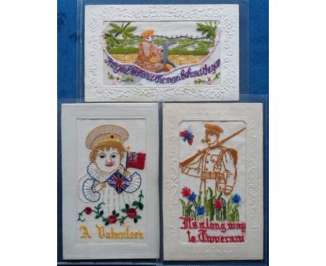 Postcards, Silks, a patriotic selection of 3 military embroidered silks all featuring Tommy's. Includes gun placement in tren