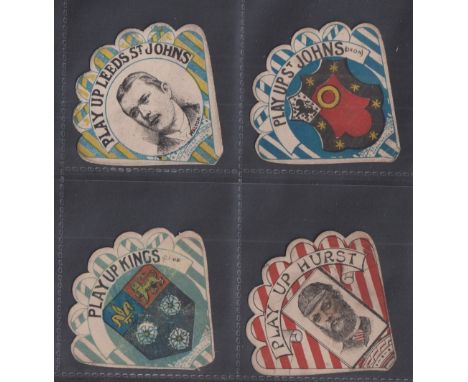Trade cards, Baines, Rugby, 4 shield fan shaped button hole cards, 'Play Up Leeds St Johns' (Walton inset), 'Play Up St Johns